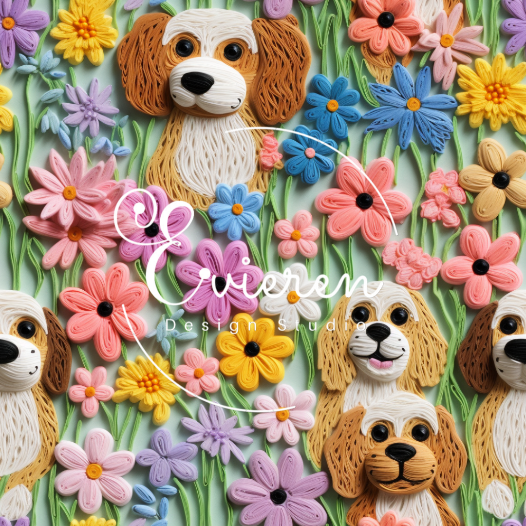 Dogs in field of flowers seamless pattern