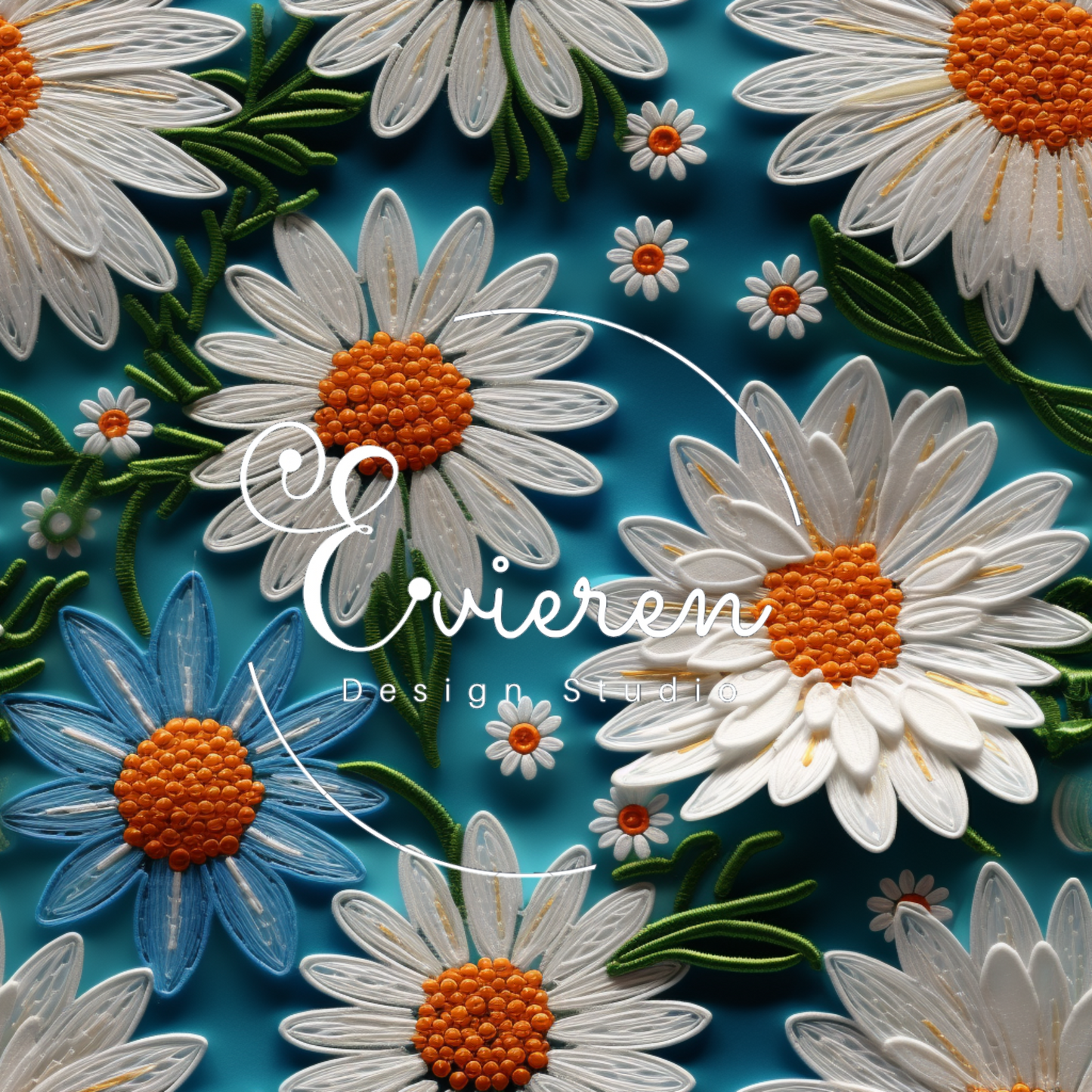 Blue background with white daisies & orange centers