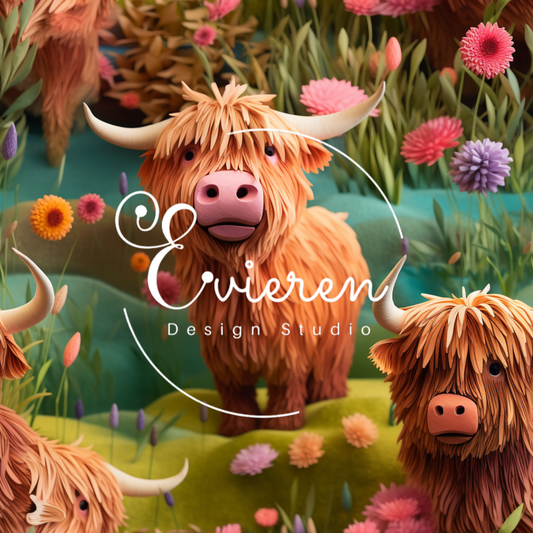 Brown 3D Spring Highland cows Seamless