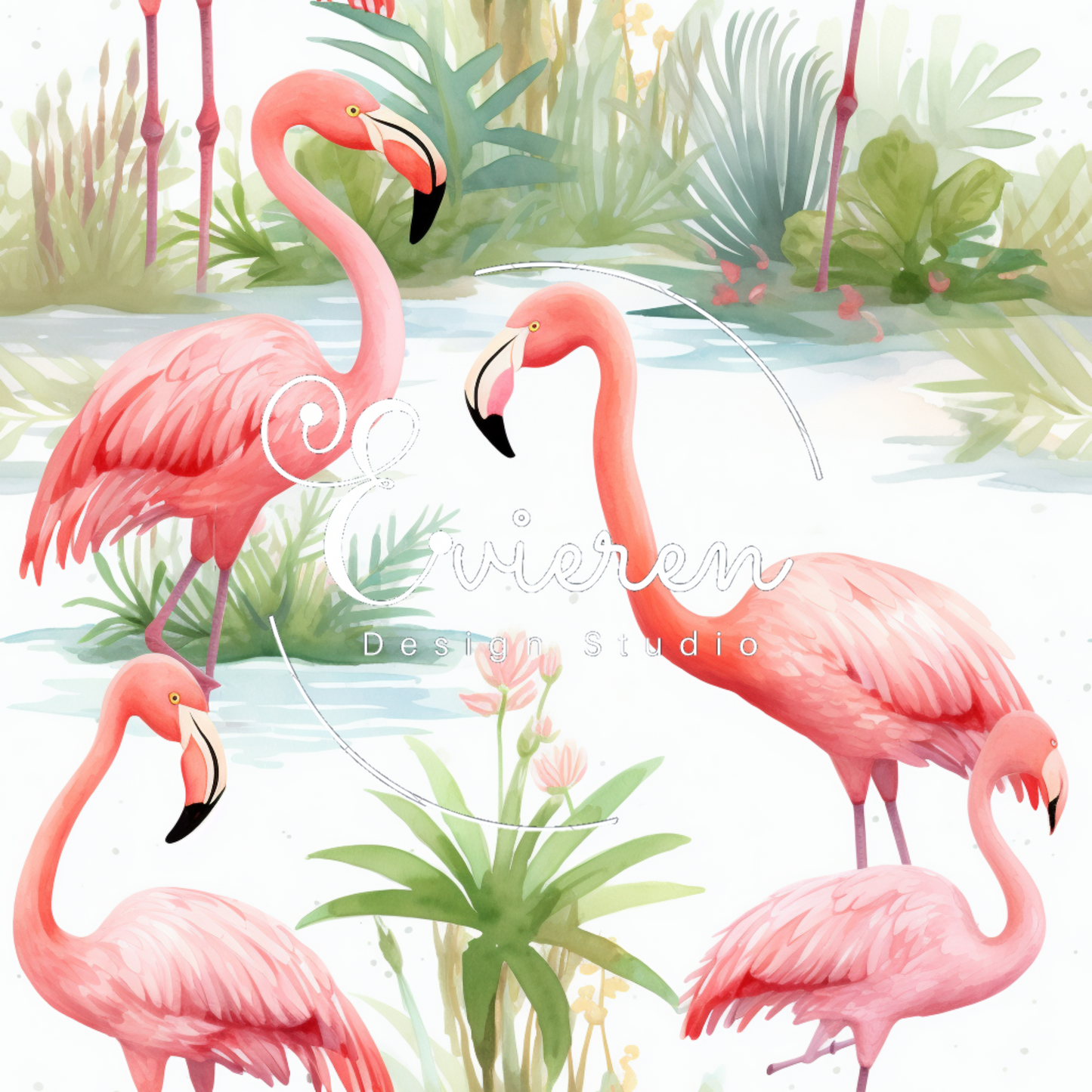 Watercolor palm flamingo