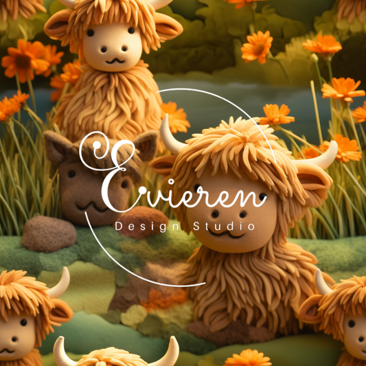 Brown Highland cows in field of flowers Seamless