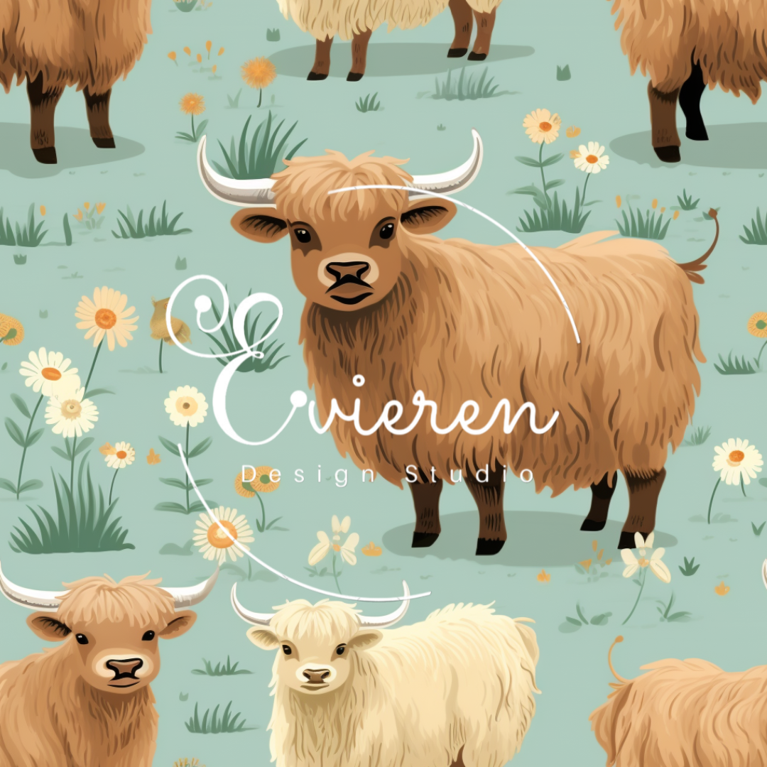 Boho Highland cows in field Seamless