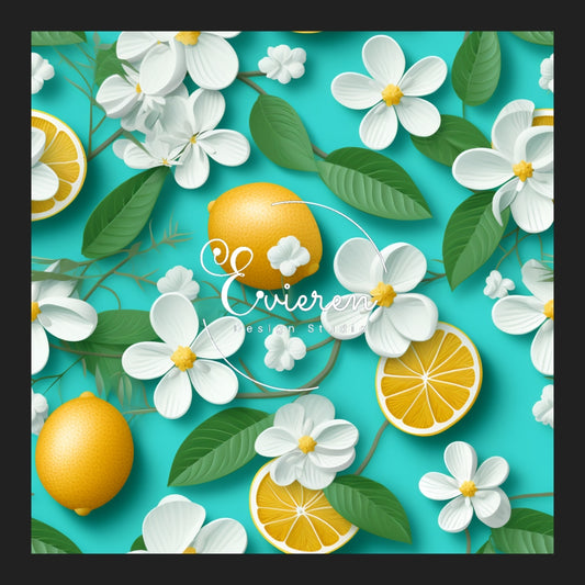 Lovely Lemons and Tiny Floral on Turquoise