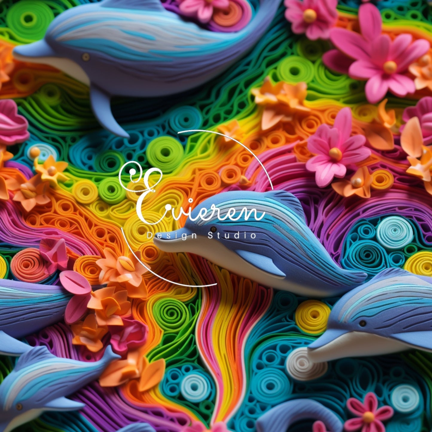 Floral Rainbow Dolphins Seamless