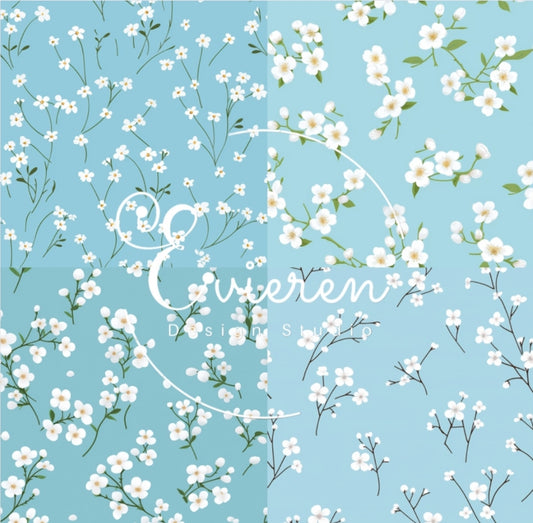 Vintage Mini white flowers on baby blue background SET OF 4