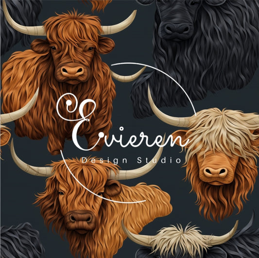 Black Embroidered highland cows seamless