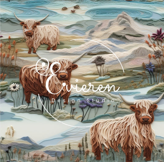 Embroidered Highland Cows in Winter mountains Seamless