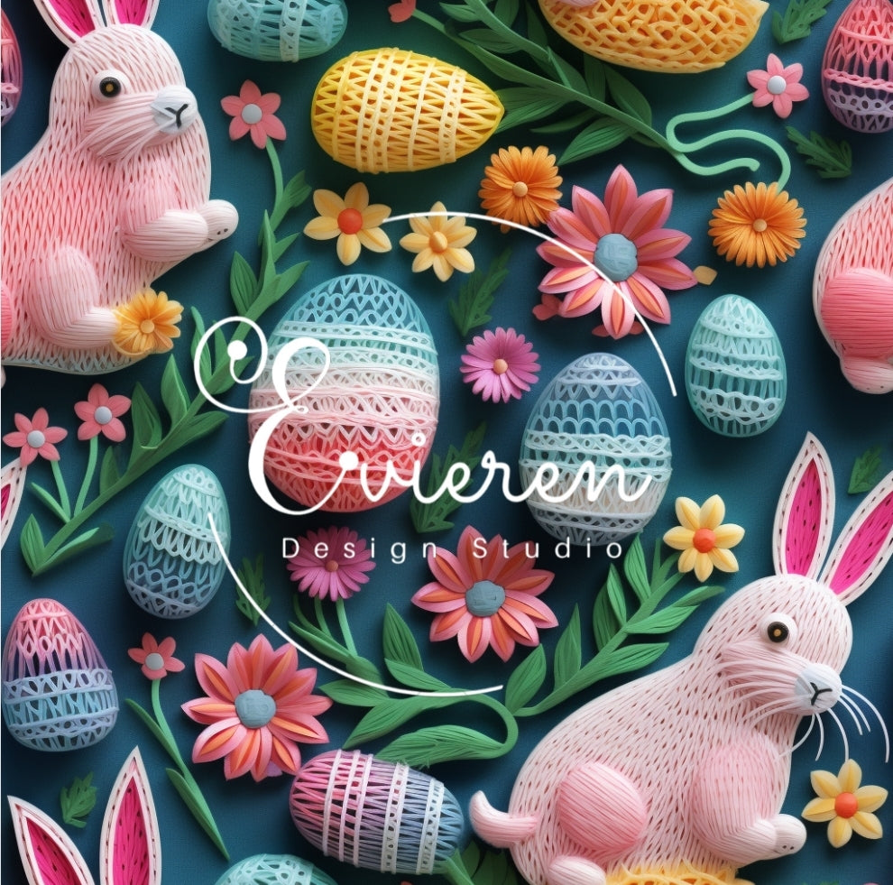 Pink knitted bunnies in wildflowers and Easter eggs seamless