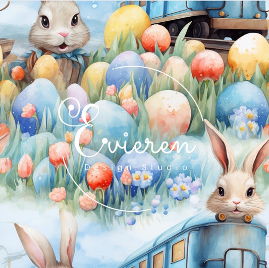 Watercolor Bunnies with Train Seamless