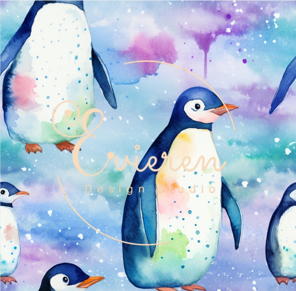 Purple watercolor penguins seamless