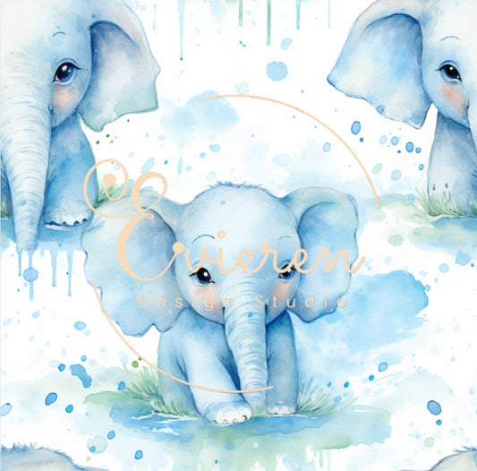 Watercolor blue baby elephants seamless