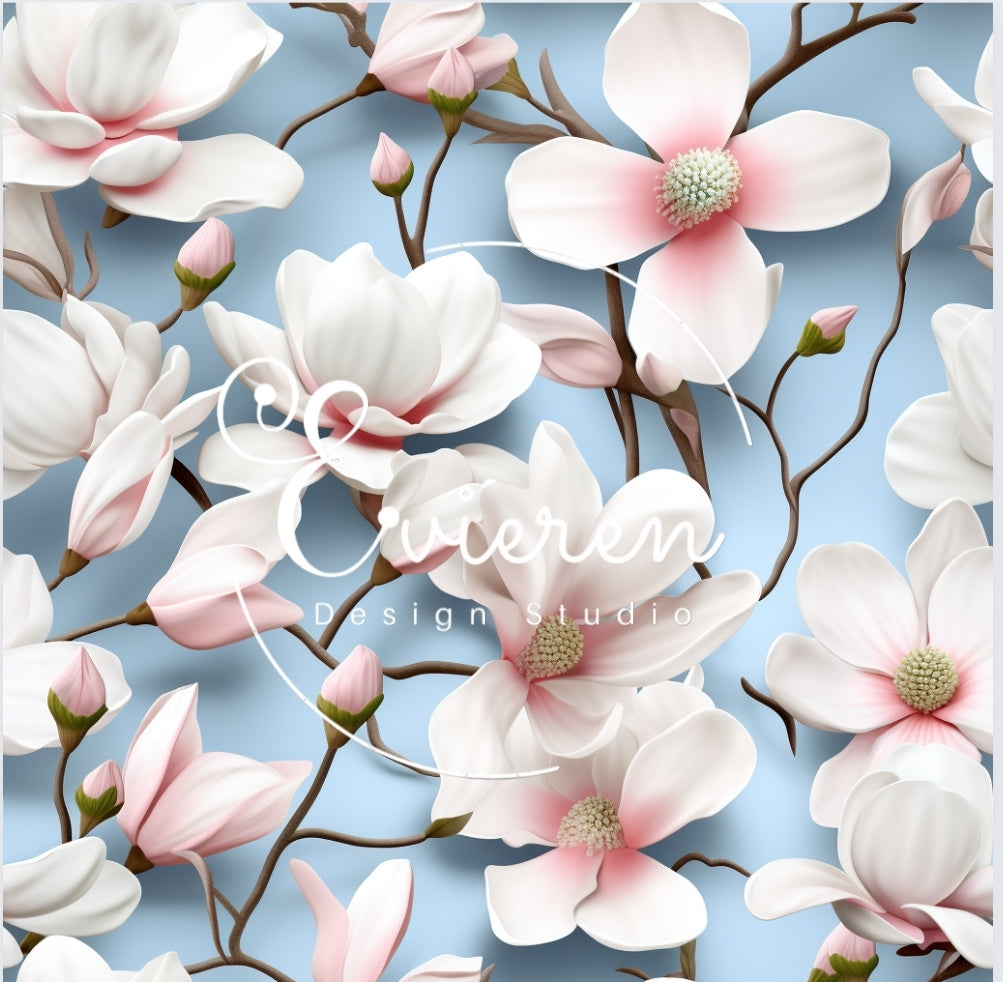 3D Magnolia white & blue background Florals Neautral seamless